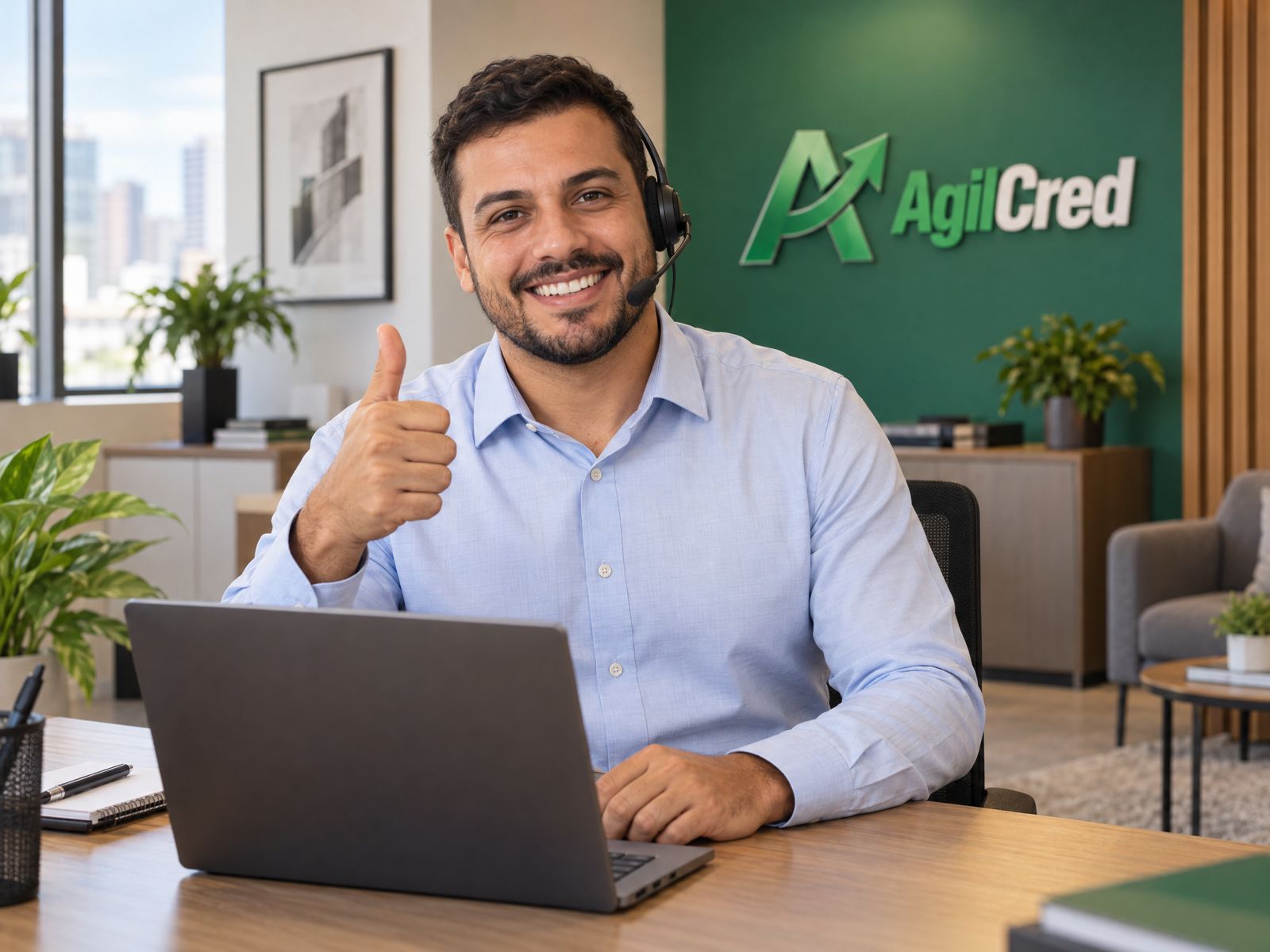 Consultor da AgilCred fazendo sinal de positivo durante atendimento