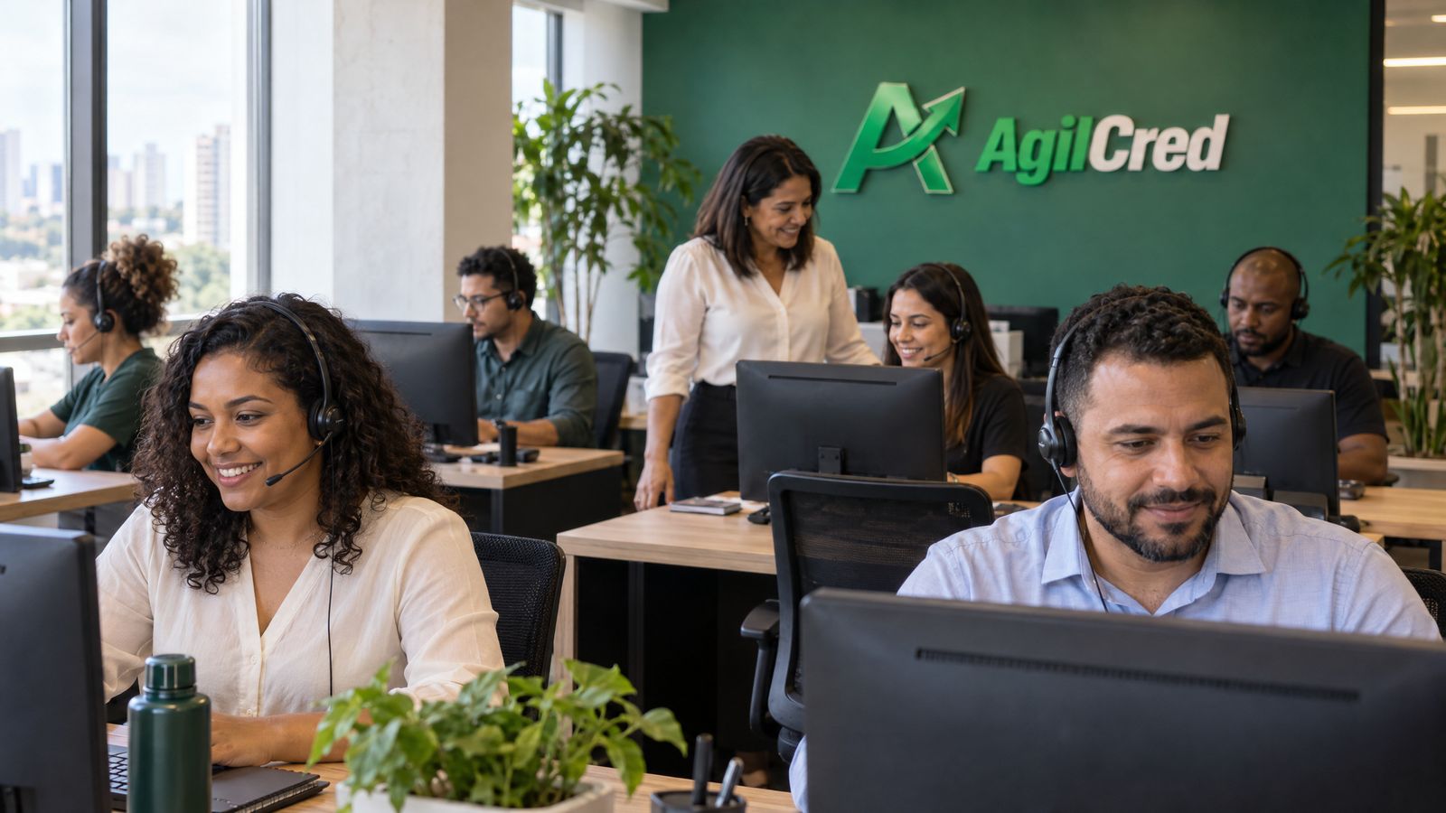 Central de atendimento da AgilCred com consultoras e consultores de headset